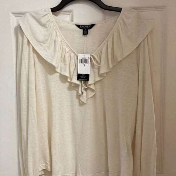 New RALPH LAUREN Ruffle-Trim Jersey Tie-Neck Top- Sm - Picture 3 of 7